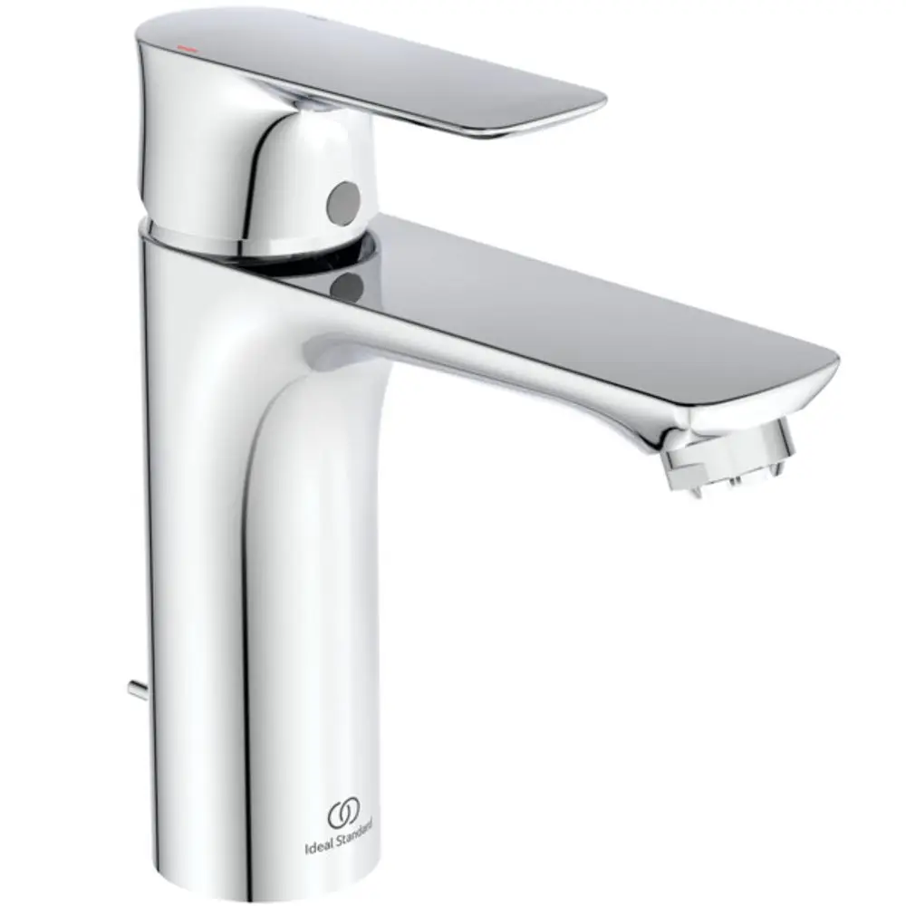 Chromfarbener Wasserhahn von Ideal Standard mit einer flachen obersten Fläche und einem Hebel zur Regulierung von Wasserfluss und Temperatur.